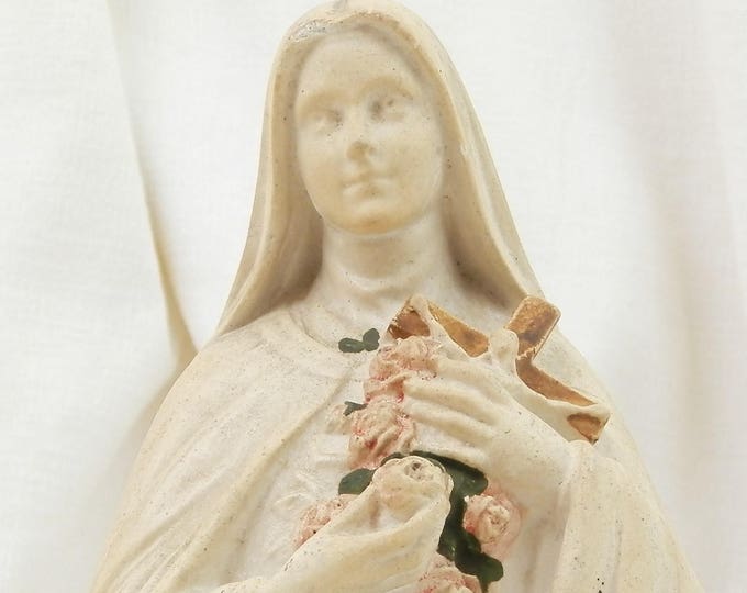 Antique French Religious Statue of Saint Teresa Chalkware Plaster of Paris, St Therese of Lisieux in Normandy Catholic Christian Sculpture