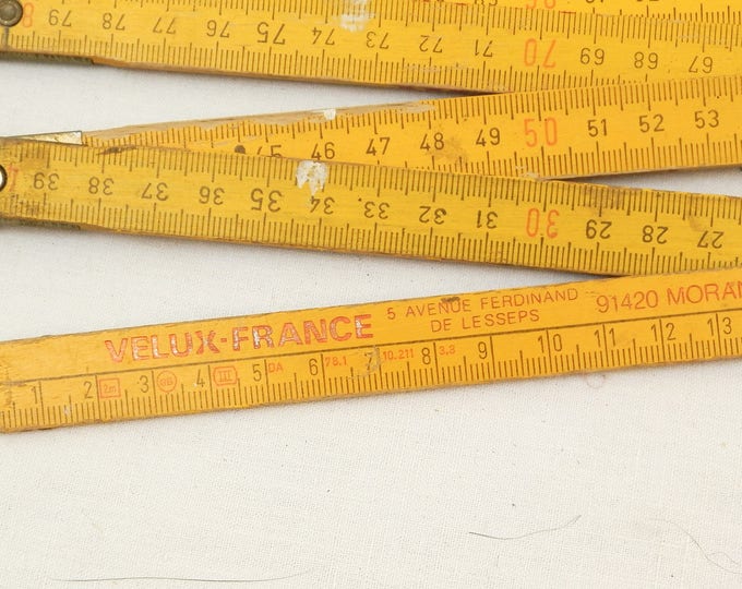 Vintage Bright Yellow Wooden Folding 2 Meter Tape Measure Publicity Gift by Velux-France, French Measuring Stick, Upcycle Christmas