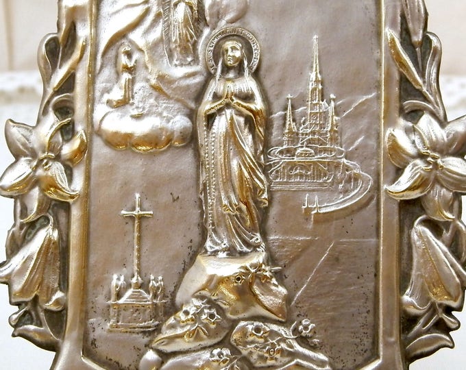 Antique Repousse Embossed Silver Plated Image of Virgin Mary with Lourdes Basilica Framed with Lillis, Our Lady Catholic Religious Picture Antique Repousse Embossed Silver Plated Image of Virgin Mary with Lourdes Basilica Framed with Lillis, Our Lady Catholic Religious Picture