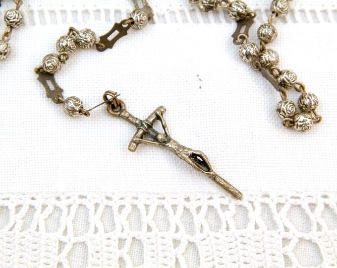 Vintage 1960s Small Delicate Silver Plated Rosary Beads and Crucifix, French Rose Shaped Religious Beads