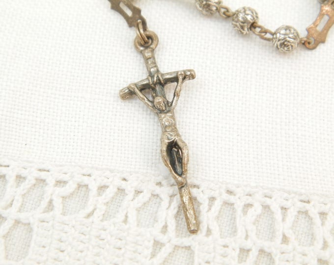 Vintage 1960s Small Delicate Silver Plated Rosary Beads and Crucifix, French Rose Shaped Religious Beads