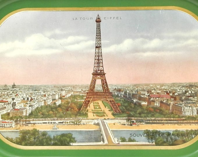 Vintage 1930s Metal Serving Tray Souvenir of Paris with Eiffel Tower View of the River Seine and the City Green and Gold Edge