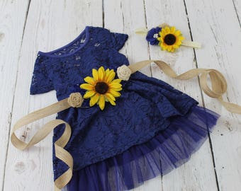 Navy Flower Girl Dress Sunflower Flower Girl Dress Navy Rustic Flower Girl Dress Sunflower Navy Burlap Sash Ivory Jr Bridesmaid Dress