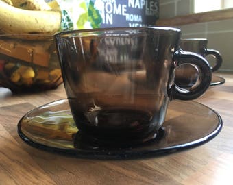 Set of 4 Vereco Brown Glass Cups and Saucers, Made in France, Brand New