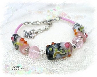 Bracelet beads handmade lampwork pink and gray BR752