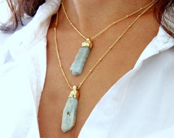 Raw Aquamarine Necklace, Crystal Necklace, Gift, Layered Necklace, March Birthstone,Raw Stone Jewelry,Gold, Bohemian Jewelry,Aquamarine Raw.