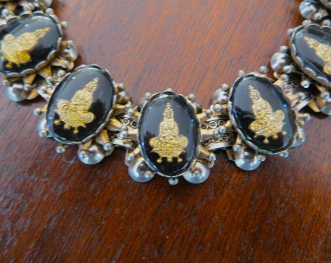Siam Bracelet, Niello Bookchain Bracelet, Under Glass Intaglio Goddess, Vintage Spiritual Jewelry