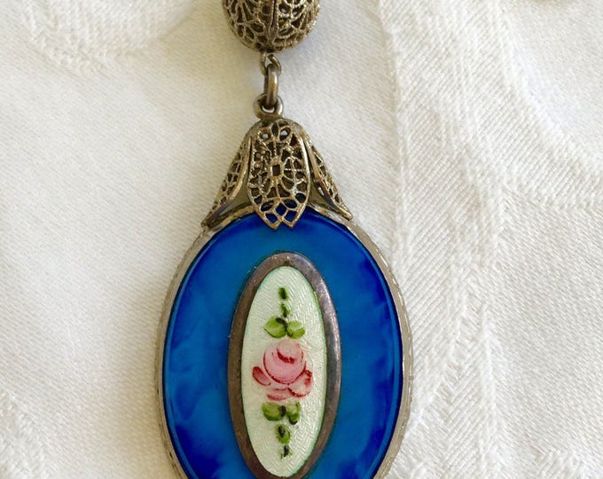 Art Deco Necklace, Blue Glass Pendant, Guilloche Panel, Glass and Moonstone Beads, Art Deco Jewelry