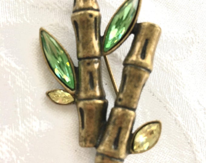 Vintage Bamboo Brooch, Rhinestone Figural Bamboo Pin, Asian Bamboo Plant Pin, Tropical Jewelry