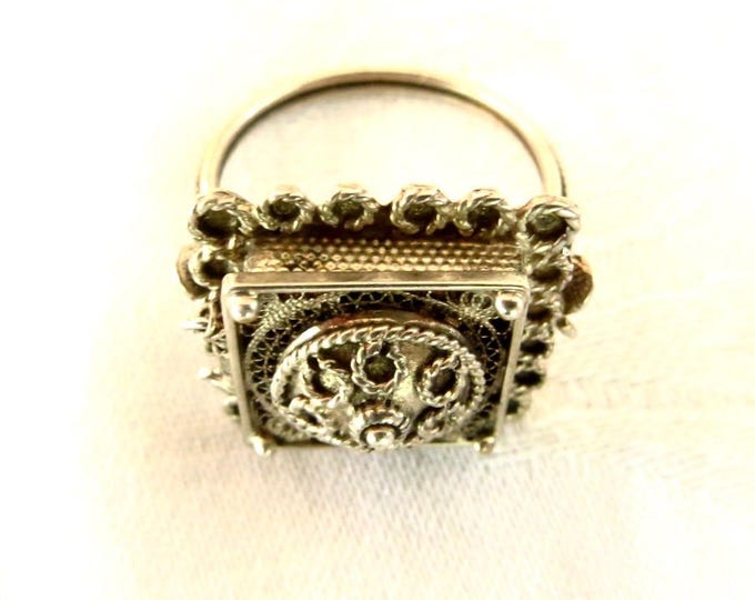 Vintage Poison Ring, 800 Silver Filigree Ring, Size 9.5, Bali Style Boho Ring