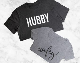 SALE Wifey Hubby Set, Bride Tee, Wedding Bridal Shirt, Bachelorette Top, Wifey Tee, Bride Bridal Shower Gifts, Engagement, Husband