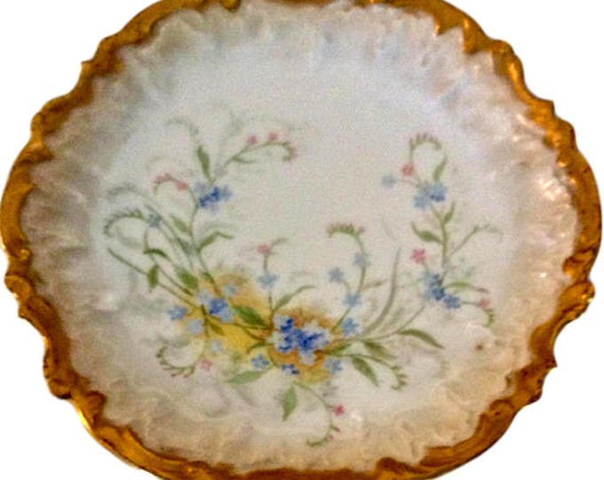 Antique French Limoges Plate, Coiffe Factory France, Heavy Gold with Forget Me Knots Cabinet Plate, Hand Painted Floral Plate