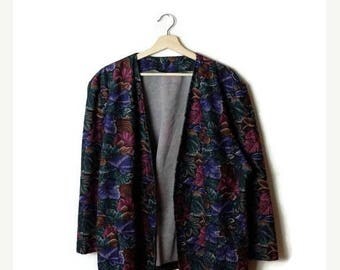 ON SALE Vintage Oversized Dark Floral Printed Collarless Blazer/Carigan from 1980's*