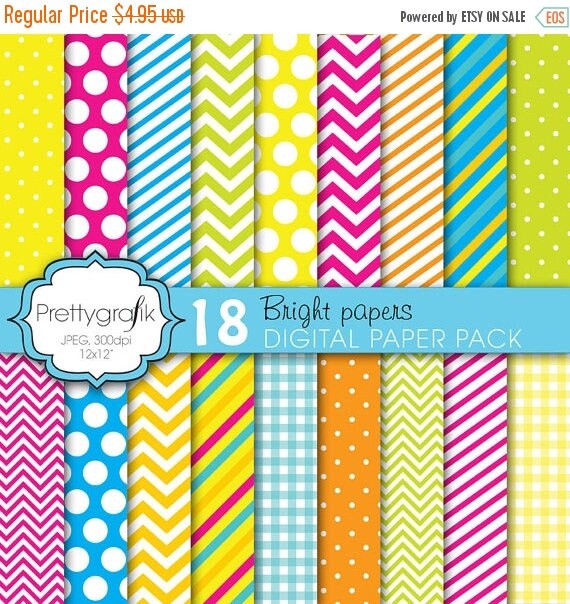 80% OFF SALE bright colors digital paper, commercial use, scrapbook papers, background polka dots, chevron, gingham, stripes - PS616 Il_570xn