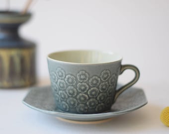 Quistgaard - AZUR Blue - tea / coffee duo - octogonal shape - cup / saucer - Kronjyden / Nissen - Danish mid century tableware