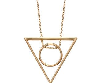 Geometric Necklace, triangle circle necklace - silver or gold necklace - minimalist necklace, tribal necklace, harry potter, deathly hallows