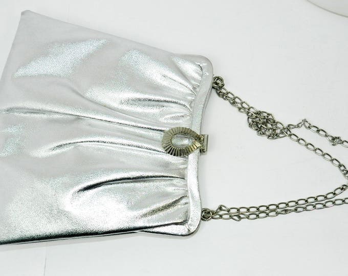 Vintage 1950s Silver Evening bag, Formal accessories, ball prom bridal purse, Vintage 1950s Silver Metallic Evening 50s Silver Vinyl