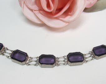 Antique vintage purple rhinestone link bracelet 7”