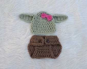 Crochet Girl Yoda Inspired Outfit Baby Girl Yoda Costume Newborn Girl Yoda Photo Outfit Baby Girl Yoda Photo Prop Girls Yoda Hat Baby Shower