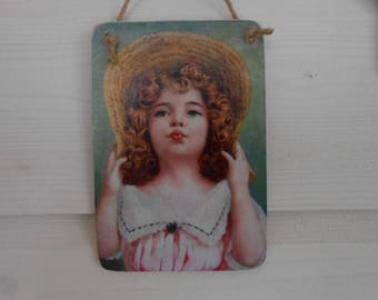 hanging wood sign Victorian girl kiss straw hat bonnet cupids bow lips shabby chic french decor decorative ornamental handmade gift for her