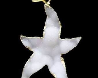 2 inch long Pure White Agate Druzy Starfish Wrapped in Gold Pendant Beach Jewelry
