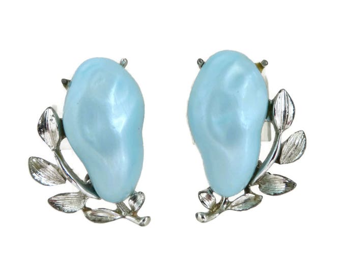 BSK Blue Lucite Earrings, Vintage Light Blue Silver Tone Leaf Clip-on Earrings, Kidney Shape Earrings