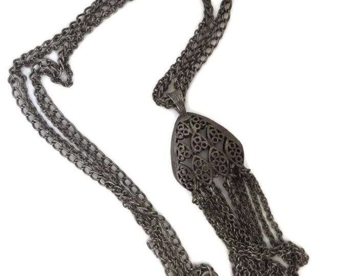 Silvertone Tassel Necklace, Dark Chain Necklace, Chandelier Necklace, Vintage Gothic Jewelry, FREE SHIPPING