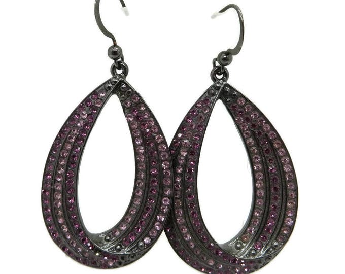 Rhinestone Disco Dangles, Pink Rhinestone Earrings, Pierced Dangling Earrings, Large Hoop Earrings