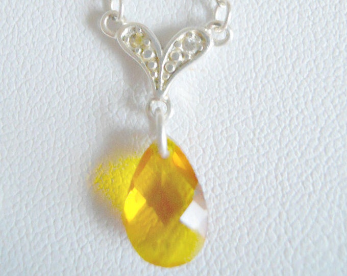 Vintage Citrine Pendant, Sterling Silver Necklace, Faceted Pear Shaped Citrine Sweetheart Necklace