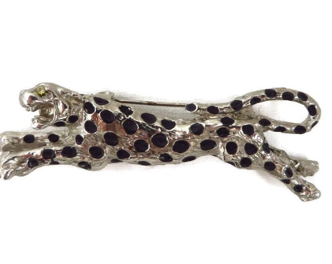 Vintage Leopard Brooch Silver Tone Leopard Pin 1970s Animal Pin Wide Enamel Brooch