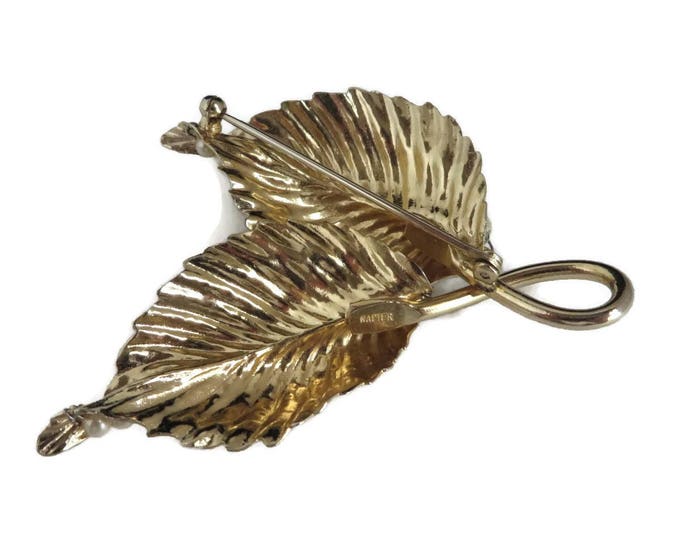 Napier Leaf Brooch, Vintage Faux Pearl Double Leaf Gold Tone Brooch, Signed Napier Jewelry Gift for Her, Gift Box