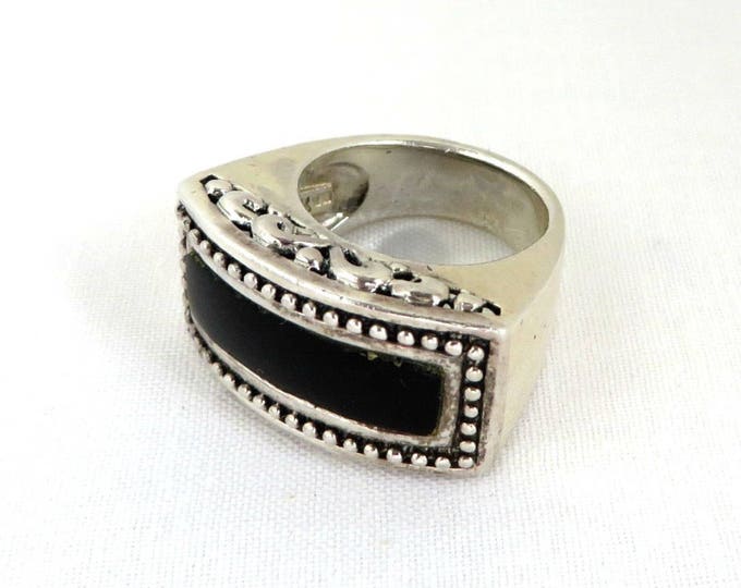 Vintage Faux Onyx Ring, Sterling Silver Scroll Ring, Statement Ring, Wide Band, Size 6.5