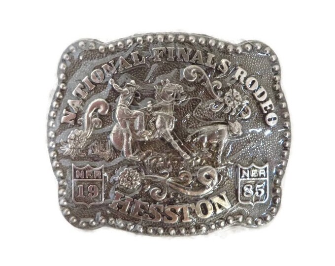 Rodeo Belt Buckle, Vintage 1985 Hesston National Finals Rodeo Collectors Silver Tone Fred Fellows Buckle