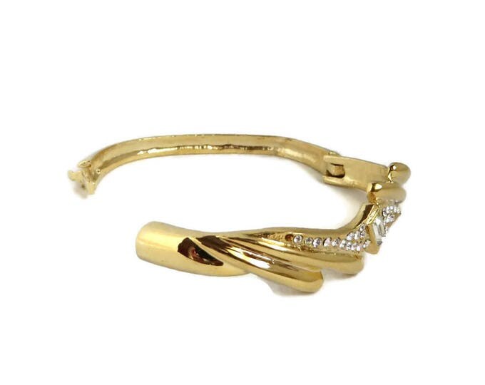 Gold Tone Rhinestone Bangle, Vintage Hinged Bracelet, Bridal Jewelry, Valentine's Day Gift