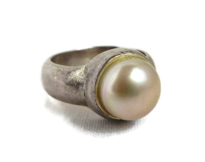 Vintage Pearl Ring, Sterling Silver Wide Band Antique Finish Estate Ring Size 6