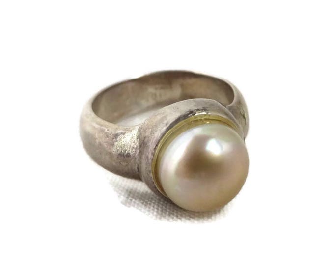 Vintage Pearl Ring, Sterling Silver Wide Band Antique Finish Estate Ring Size 6