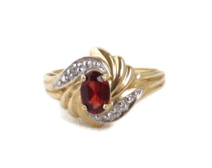 Garnet Ring, 10K Gold Ring, Garnet & Diamond Ring, Vintage Yellow Gold Cocktail Ring, 0.60 Carat, Size 6