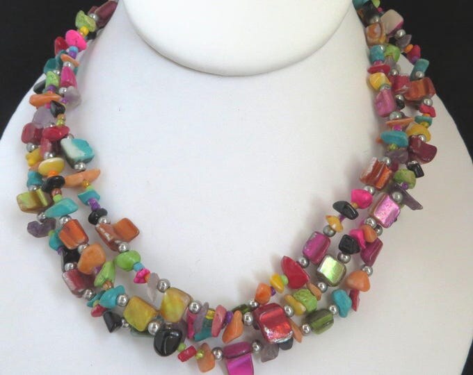 Multicolor Shell Necklace, Vintage Triple Strand Beaded Necklace