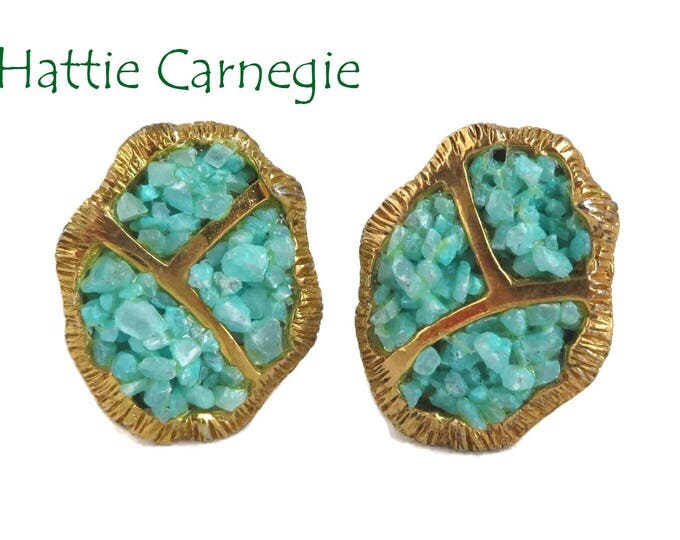 Turquoise Beaded Gold Tone Earrings - Vintage Hattie Carnegie Clip-on Earrings, Gift for Her