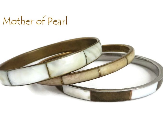 Vintage Bangles - MOP Bangle Trio, Mother of Pearl Inlay Bracelets, White, Brown Cream Bangles, Gift for Her