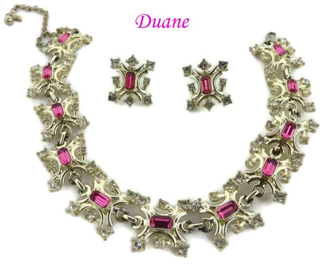 Pink Rhinestone Jewelry Set - Vintage Duane Necklace, Earrings Set, Silver Tone Demi Parure, Holiday Gift