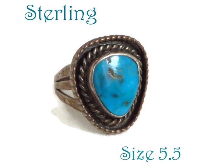 Sterling Silver Turquoise Ring - Vintage Navajo Braided Triangle Ring, Size 5.5, Gift for Her