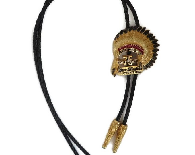 Vintage Black Bolo Tie - AAHMES 75 Years Potentate Bolo, Indian Headdress Pendant, Black Leather Tie, Unique Collector's Tie