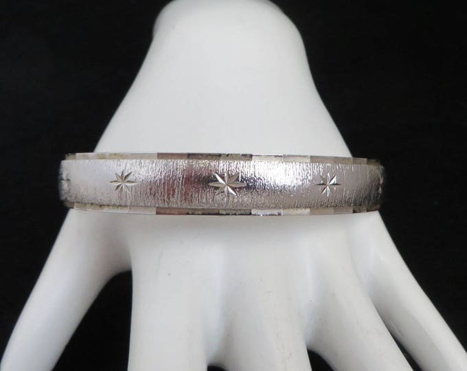 Monet Silver Tone Bangle - Vintage Brushed Silver Tone Stars Bracelet, Gift for Her, Gift Boxed