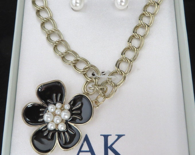 Anne Klein Jewelry Set, Vintage Gold Tone Blue Flower Necklace, Faux Pearl Pierced Earrings Set, Demi Parure