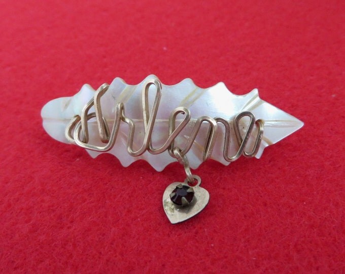 Mother of Pearl Name Brooch, Vintage Carved Shell Brooch, Gold Wire Script "Arlene", Dangling Heart Red Bead Brooch