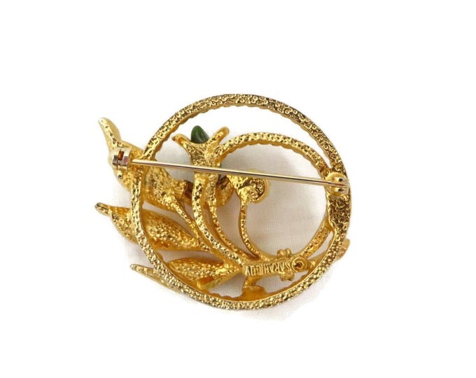 Sarah Coventry Circle Brooch, Twisted Gold Tone Flower Pin with Faux Pearl and Jade Greet Nugget