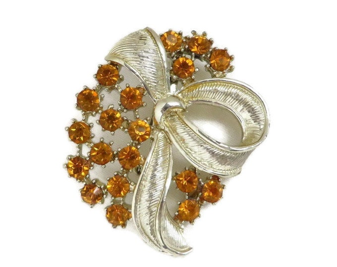 Vintage Orange Rhinestone Flower Brooch, Goldtone Bow Pin, 1960s Jewelry, Mid Century Brooch, Gift For Her