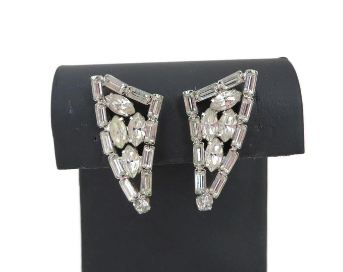 Rhinestone Earrings, Vendome Earrings, Vintage Silver Tone Triangle Clip-on Earrings, Bridal Jewelry, Formal Wear Gift Idea