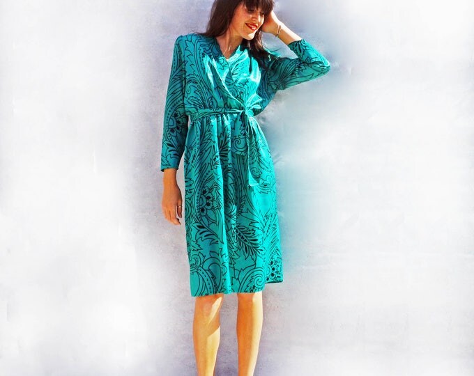 Green Wrap Dress, Long Sleeve Dress, Vintage Marks + Spencers Dress, Vintage Wrap Dress, Green Dress, Knee Length Dress, Floral Dress, 1980s